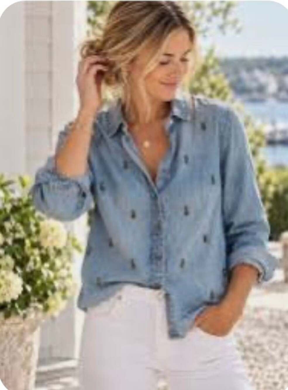 J. Crew Collection Blouse Top Rhinestones Embellished Chambray Denim Women's 10